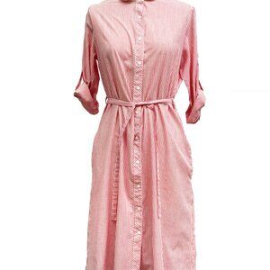Vintage 1960s Red & White Pinstripe, Belted Shirtdress with Peter Pan Collar